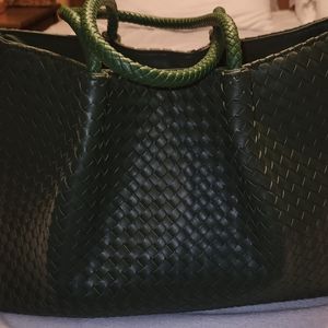 Lulu Dharma Forest Green Woven Vegan Leather Tote Bag